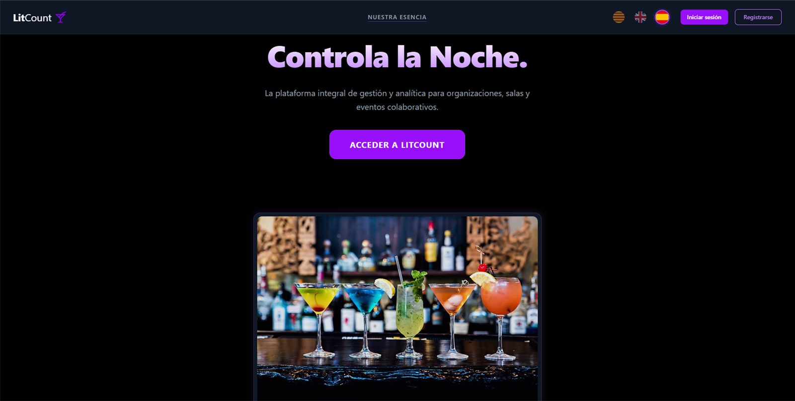Página de inicio de LitCount: «Controla la Noche», plataforma de gestión y analítica para salas y eventos