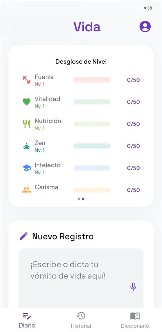 Captura de la app: desglose de nivel con barras de progreso de Fuerza, Vitalidad, Nutrición, Zen, Intelecto y Carisma